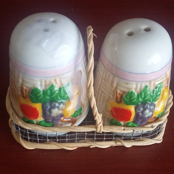 Vintage Hand Painted Ceramic Salt and Pepper Shakers in A Basket - Picture 1 of 4